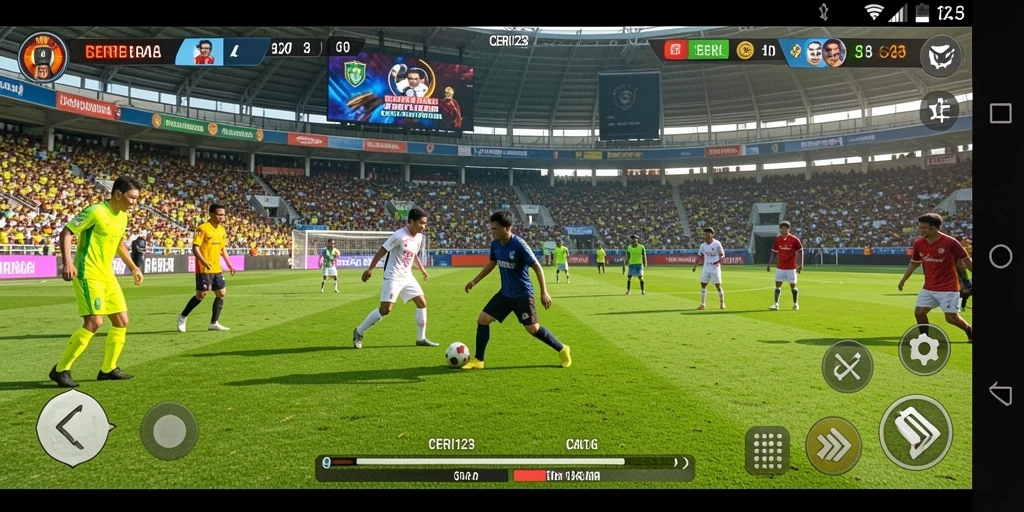 Screenshot gameplay CERI123 yang menampilkan aksi sepak bola intens.