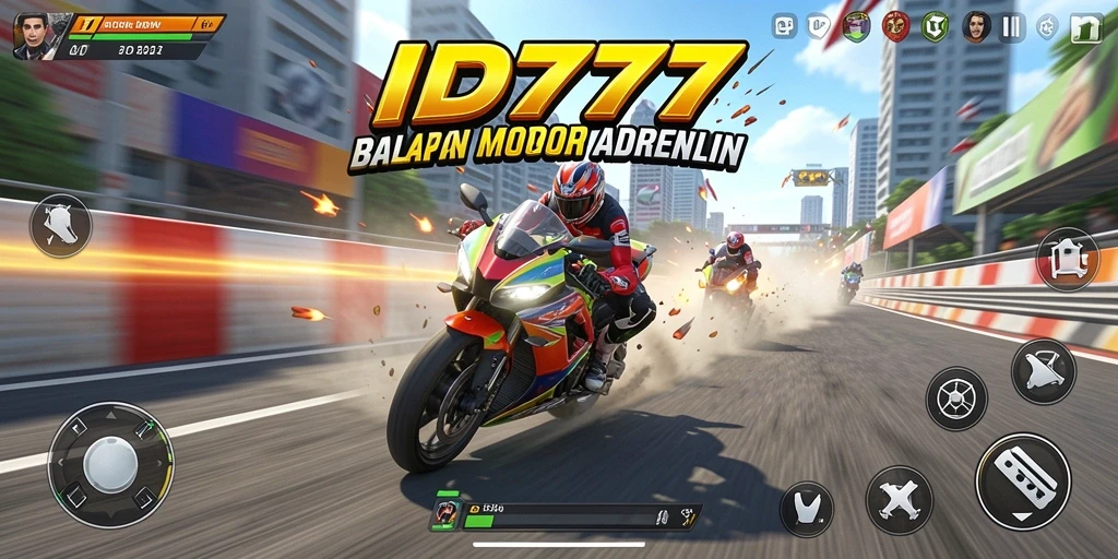 Gameplay seru dari ID777 menampilkan balapan motor yang mendebarkan.