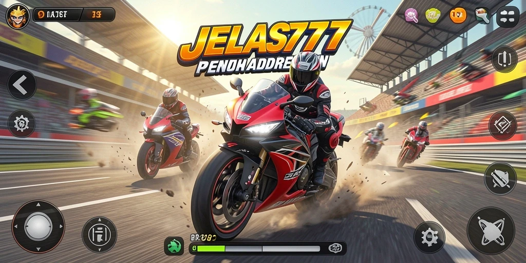 Screenshot gameplay JELAS777 dengan aksi balapan motor yang mendebarkan.